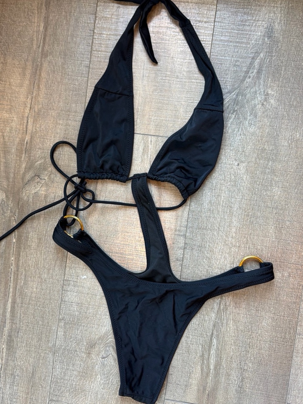 Fashion Nova Black Halter One-Piece Swimsuit with Gold Rings